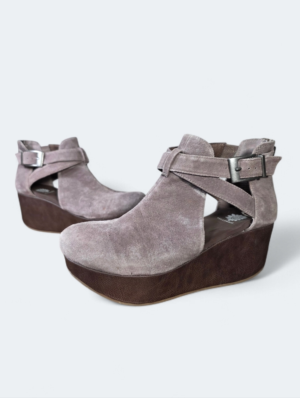 Yellow Box Balera Taupe Suede Cut-Out Wedge Platform Booties Size 6.5
